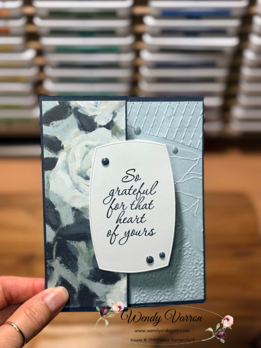 Z-fold fun fold thank you card showcasing Beautiful Gallery Designer Series Paper, Secret Sea cardstock, and textured embossed details.